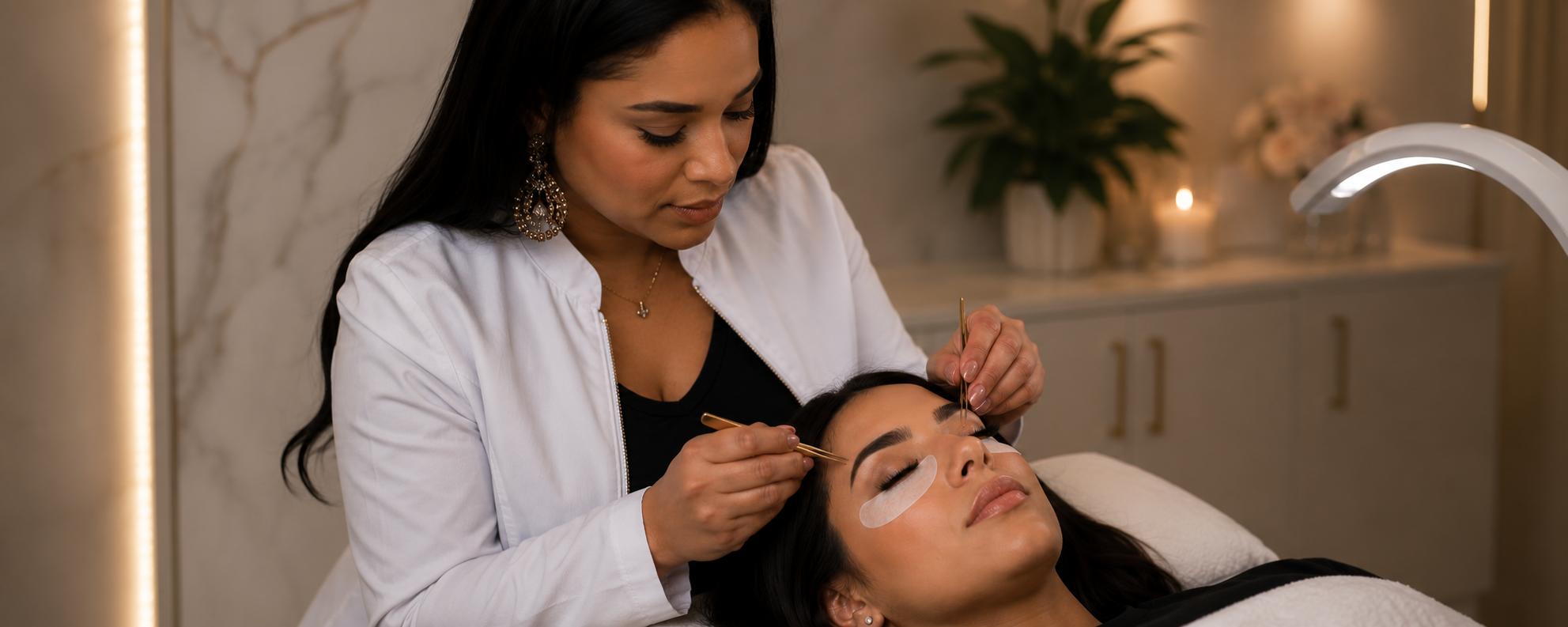 Lashista realizando un servicio de pestañas en Essenzia Beauty Spa
